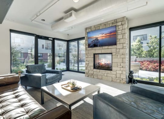 TV lounge with views of pocket park at The Conrad near UNMC in the Blackstone District Omaha NE 68105