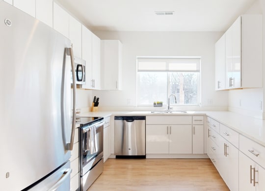Furnished apartment kitchen with white finish style and stainless steel appliances