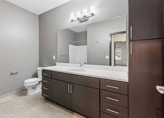 Modern apartment bathroom with a double-sink vanity, dark wood cabinetry, a large mirror, and bright vanity lighting.