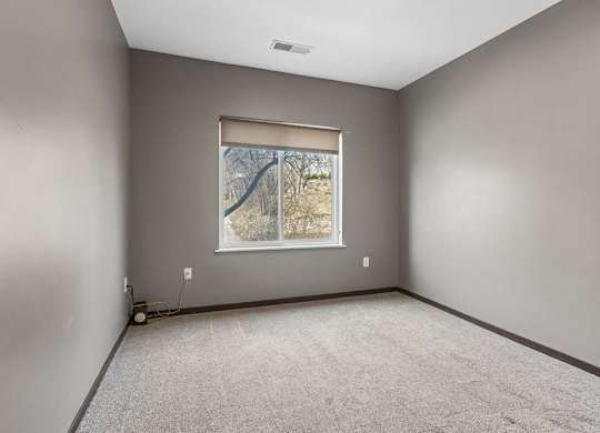 Bright apartment bedroom with soft carpeting, gray walls, and a large window providing natural light.