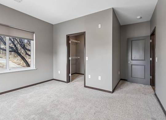 Spacious apartment bedroom with soft carpeting, a large window, walk-in closet access, and gray walls.
