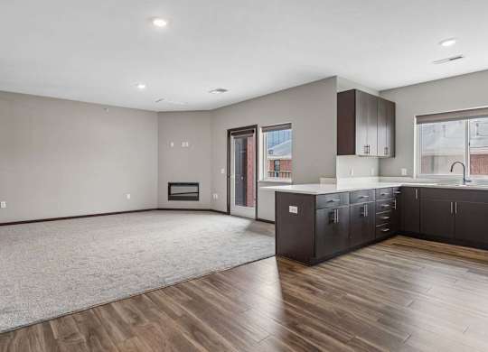 Open-concept apartment living area with plush carpeting, wood-style flooring, a modern kitchen, and a sliding glass door to a private patio.