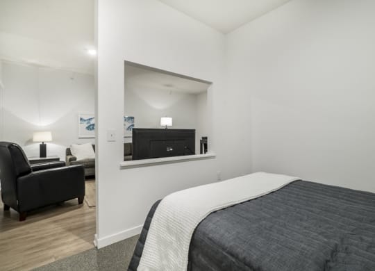 Studio apartment for rent with view of living room at The Conrad in midtown Omaha NE