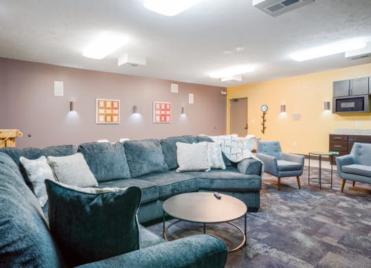 the theater room with couches chairs and a coffee table