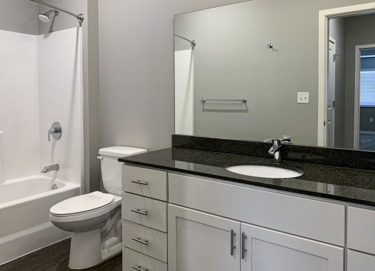 Bathroom with large white vanity and mirror in the buffalo floorplan