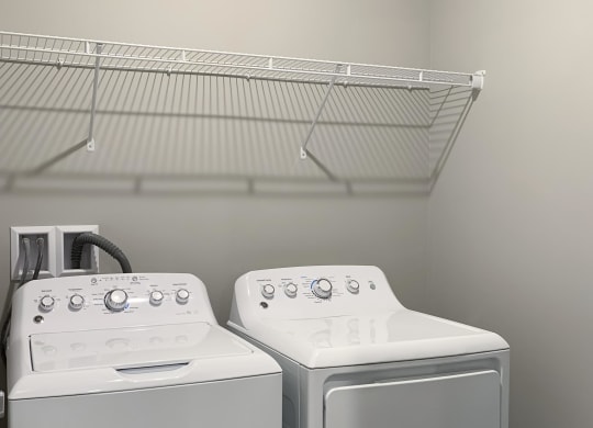 Washer and dryer closet with shelving space The Flats at Shadow Creek in Lincoln Nebraska