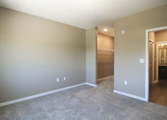 Carpeted bedroom with walk in closet