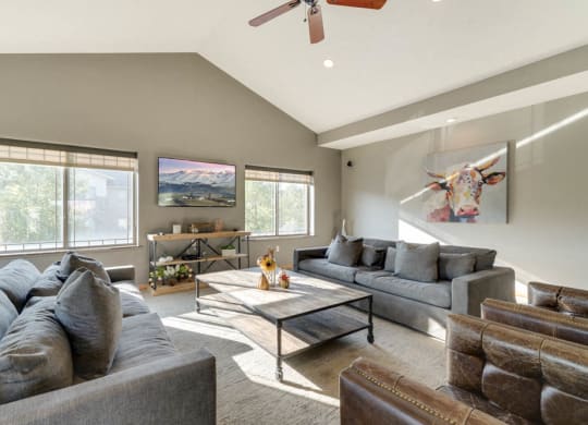 Renovated clubhouse with TV lounge  at Grand Legacy apartments and townhomes in west Omaha NE 68130