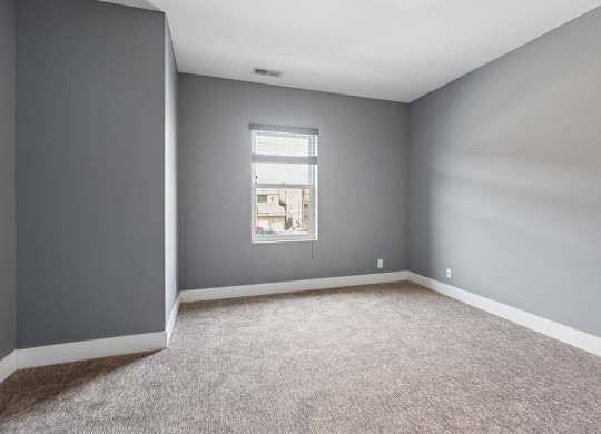 Soft natural light enters this unfurnished apartment bedroom, highlighting gray walls, neutral carpeting, and crisp white trim.