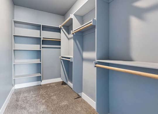 Walk-in closet maximizes storage with built-in shelving, hanging rods at varied heights, gray finishes, and soft carpeting.