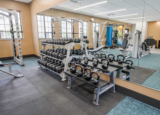 a fitness center tith two racks of free weights in front of a mirrored wall