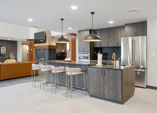 The clubhouse kitchen featuring dark cabinets, stainless steel appliances, and a large island