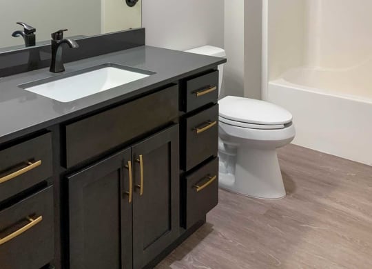 a bathroom with a vanity sink that has dark cabinets and countertops