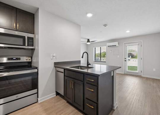 Open-concept apartment kitchen with dark cabinetry, stainless steel appliances, a center island with sink, and a spacious living area with a glass patio door.