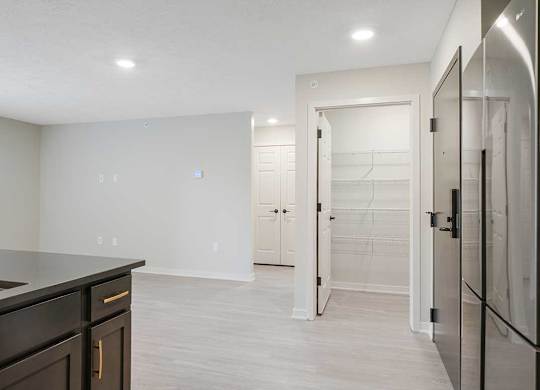 A walk-in kitchen pantry featuring built-in shelving
