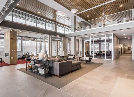 Clubhouse interior with seating area and skywalk