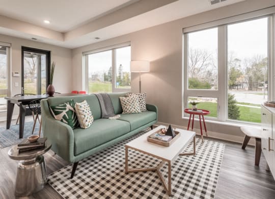 Interiors- Living room view with natural lighting at The Preserve at Normandale Lake