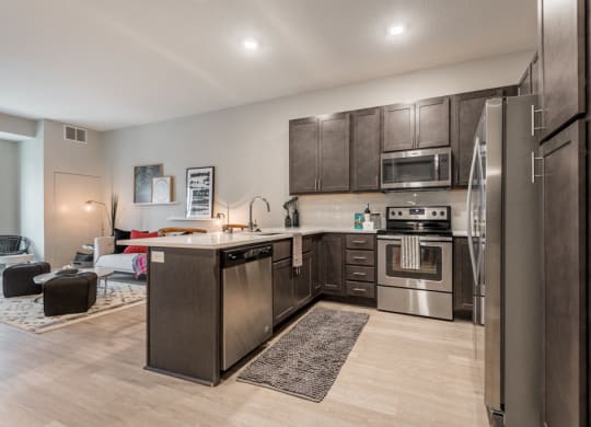 Interiors- Design Scheme B kitchen with darker cabinets and white quartz countertops