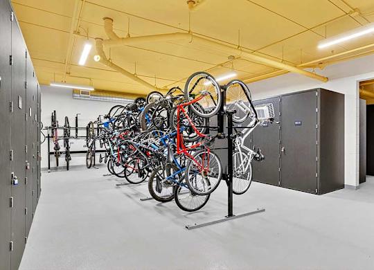 A bike storage room with many bicycles on stands.