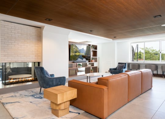 Entertainment suite television lounge with fireplace and ample couch seating.