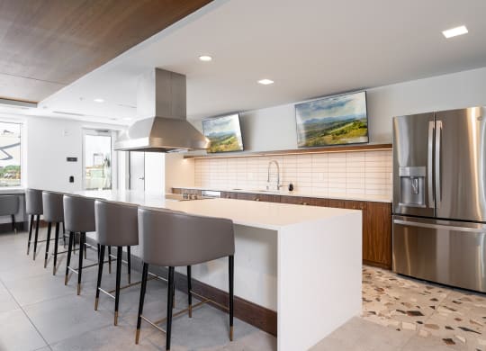 Community space kitchen with full stove, fridge, and oven. Large white countertop with barstool seating.