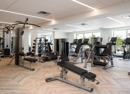 Community gym with a variety of workout and fitness equipment at The Rowan