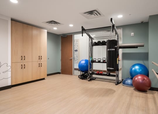 Yoga and spin studio with exercise balls, dumbbells, kettle balls, and storage in the back of the room.
