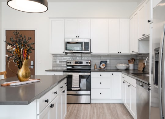 Kitchen with white cabinetry stainless steel appliances and dark countertops