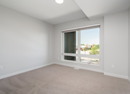 Second bedroom with large floor to ceiling window, beige carpet, and white walls.