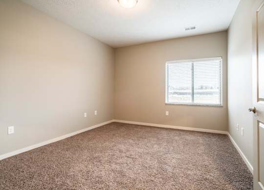 A bedroom with a carpeted floor and a window with blinds.