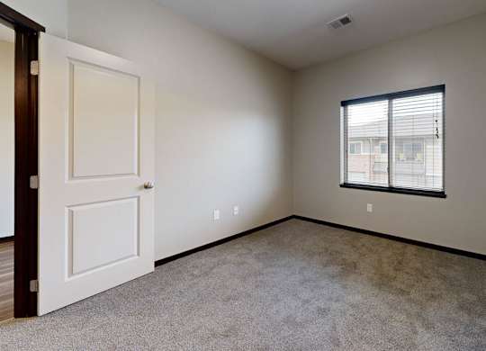 A room with a carpeted floor, a door, and a window with blinds.