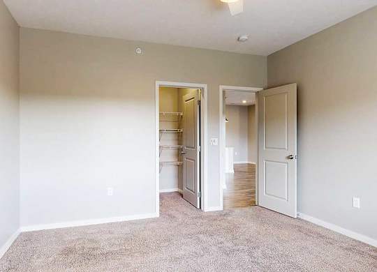 A carpeted bedroom with a walk-in closet and a door open to the living room.
