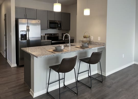 Kitchen with slate gray cabinets and matching stainless steel appliances at The Villas at Mahoney Park
