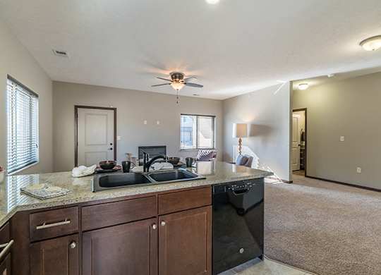 Kitchens feature dark cabinets, sleek black appliances, and gorgeous granite counter tops.