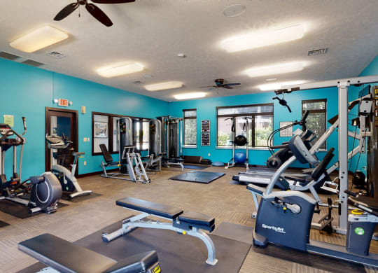 a gym with cardio equipment, work out machines, and a flat screen tv