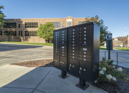 Unit of a group of resident mailboxes outside of The Helen apartments in Omaha