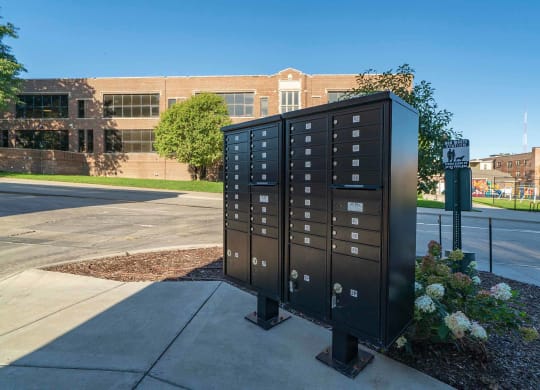 Resident mailboxes outside of The Helen apartments