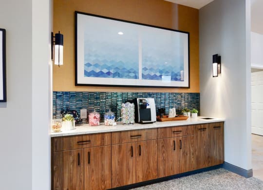 Coffee bar in the community clubhouse at The Northbrook Apartments in Lincoln, NE