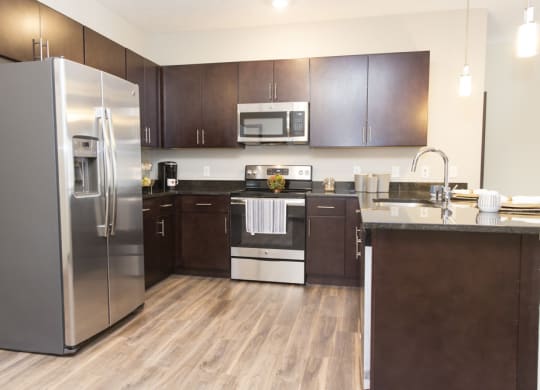 Traditional design kitchen with dark cabinetry and granite countertops with stainless steel appliances at Villas at Mahoney Park apartments