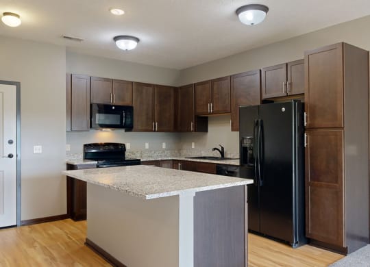 a kitchen with dark cabinets, black appliances, and light granite countertops
