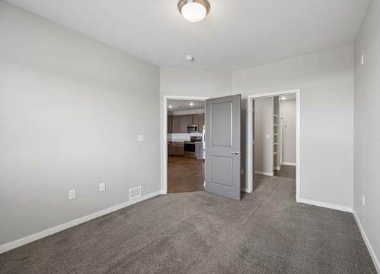 Spacious apartment bedroom with carpeted flooring, neutral walls, and an open layout featuring a walk-in closet and hallway access through gray interior doors.