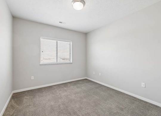 Bright apartment bedroom with carpeted flooring, neutral walls, and a window with blinds that provides natural light.