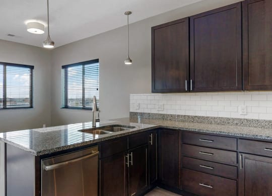 This 2 bedroom Snowdrop with den floor plan at WH Flats features a tile backsplash (available in some homes), stainless steel appliances, granite countertops and large peninsula.
