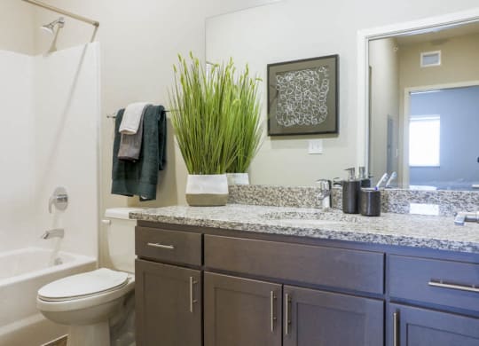 Bathroom with granite countertops at WH Flats new luxury apartments in south Lincoln NE 68516