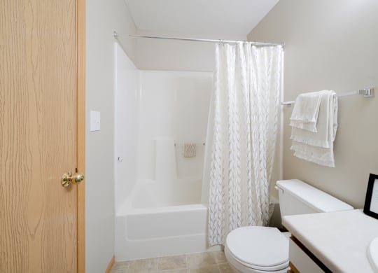 a bathroom with a shower tub combo and a toilet and a sink