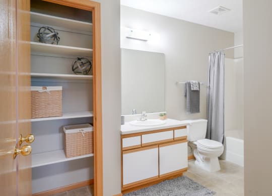Linen closet next to bathroom with a toilet and a sink and a mirror and shower and tub combo