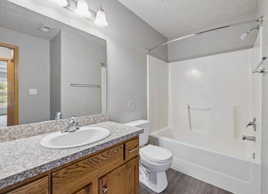 Bright apartment bathroom with a single-sink vanity, tub and shower combination, large mirror, and wood cabinetry.