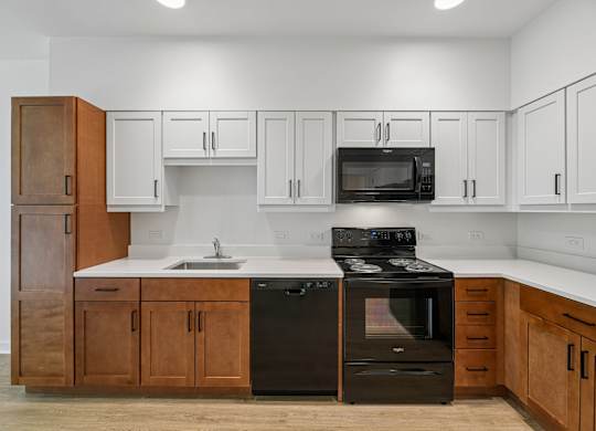 A kitchen with black appliances and wooden cabinets.