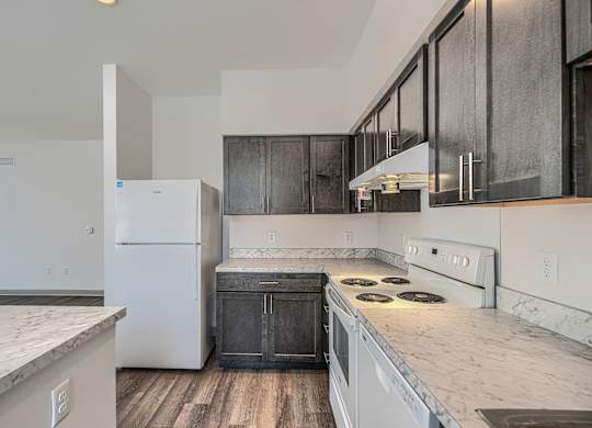 A kitchen with a white fridge and black cabinets.