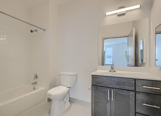 A white toilet sits next to a bathtub in a bathroom.